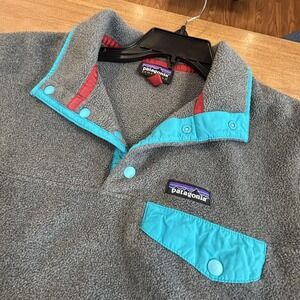 Patagonia Synchilla Pullover Jacket Woman’s Medium Gray Snap Fleece Teal Trim